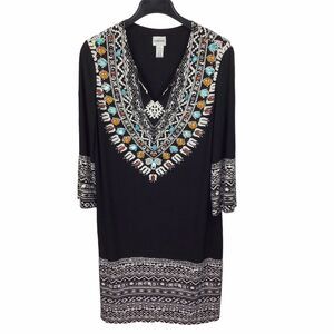 Chico's Black Tribal Beaded Shift Dress Women's 2 / Medium V-neck 3/4 Sleeve